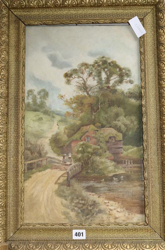 English School c.1900, oil on canvas, rustic landscape, 50 x 29cm